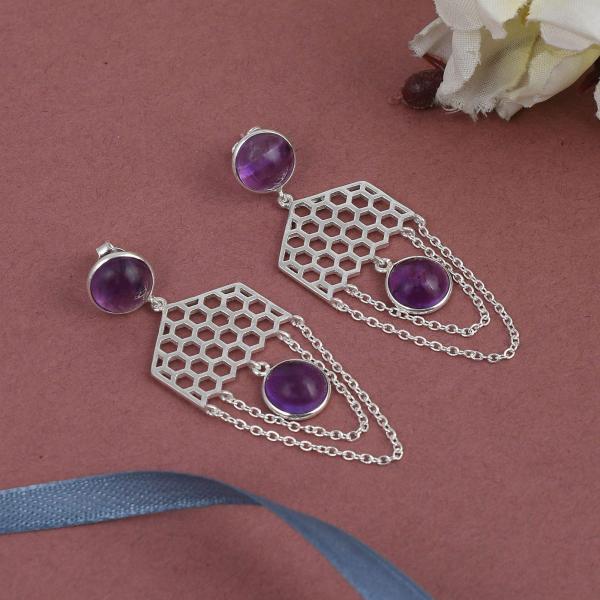 925 Sterling Silver Natural Amethyst Gemstone Dangler Drop Earrings