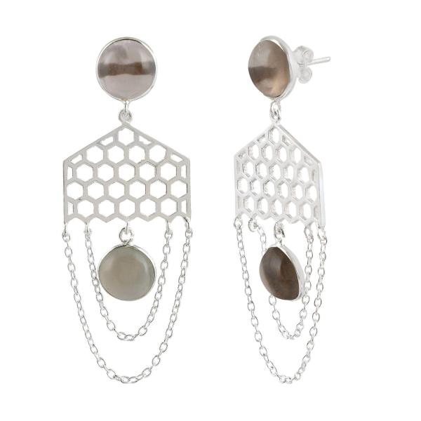 925 Sterling Silver Natural Smoky Gemstone Dangler Drop Earrings