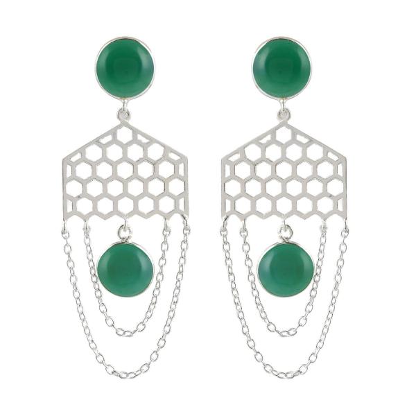 925 Sterling Silver Natural Green onyx Gemstone Dangler Drop Earrings