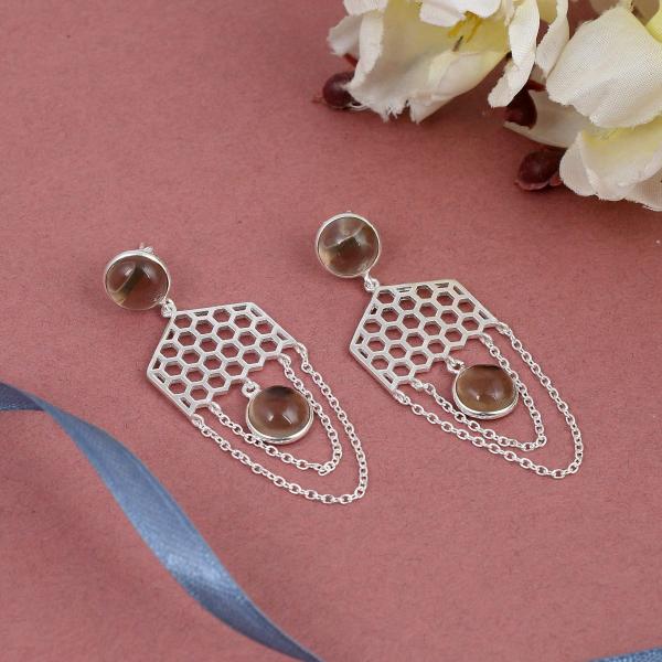 925 Sterling Silver Natural Smoky Gemstone Dangler Drop Earrings