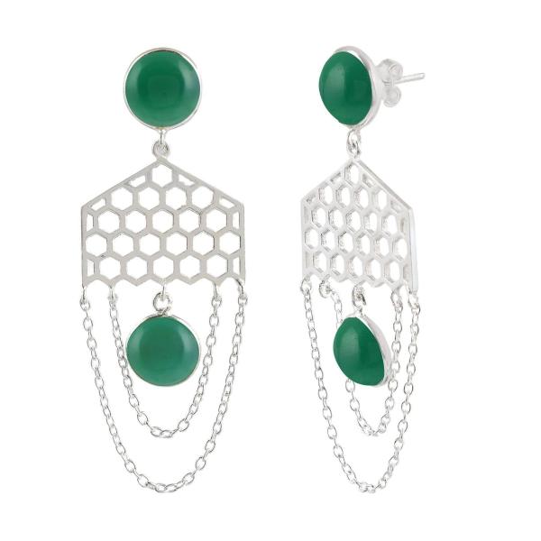 925 Sterling Silver Natural Green onyx Gemstone Dangler Drop Earrings