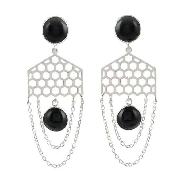 925 Sterling Silver Natural Black onyx Gemstone Dangler Drop Earrings