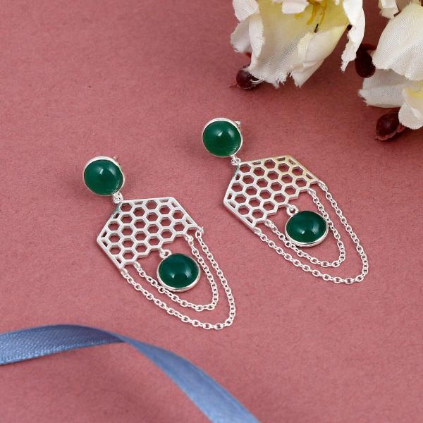 925 Sterling Silver Natural Green onyx Gemstone Dangler Drop Earrings