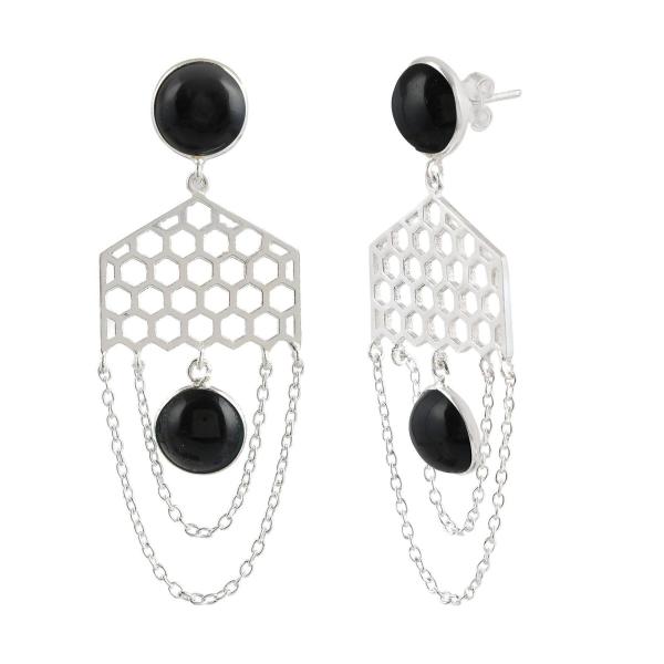 925 Sterling Silver Natural Black onyx Gemstone Dangler Drop Earrings