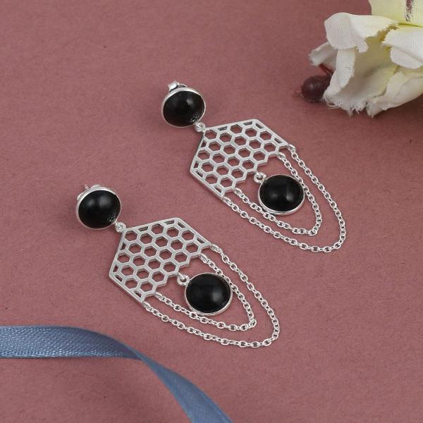 925 Sterling Silver Natural Black onyx Gemstone Dangler Drop Earrings