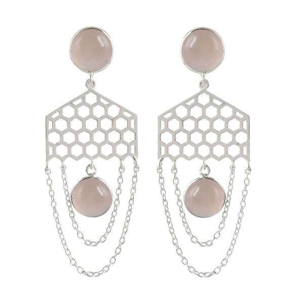 925 Sterling Silver Natural Pink chalcedony Gemstone Dangler Drop Earrings