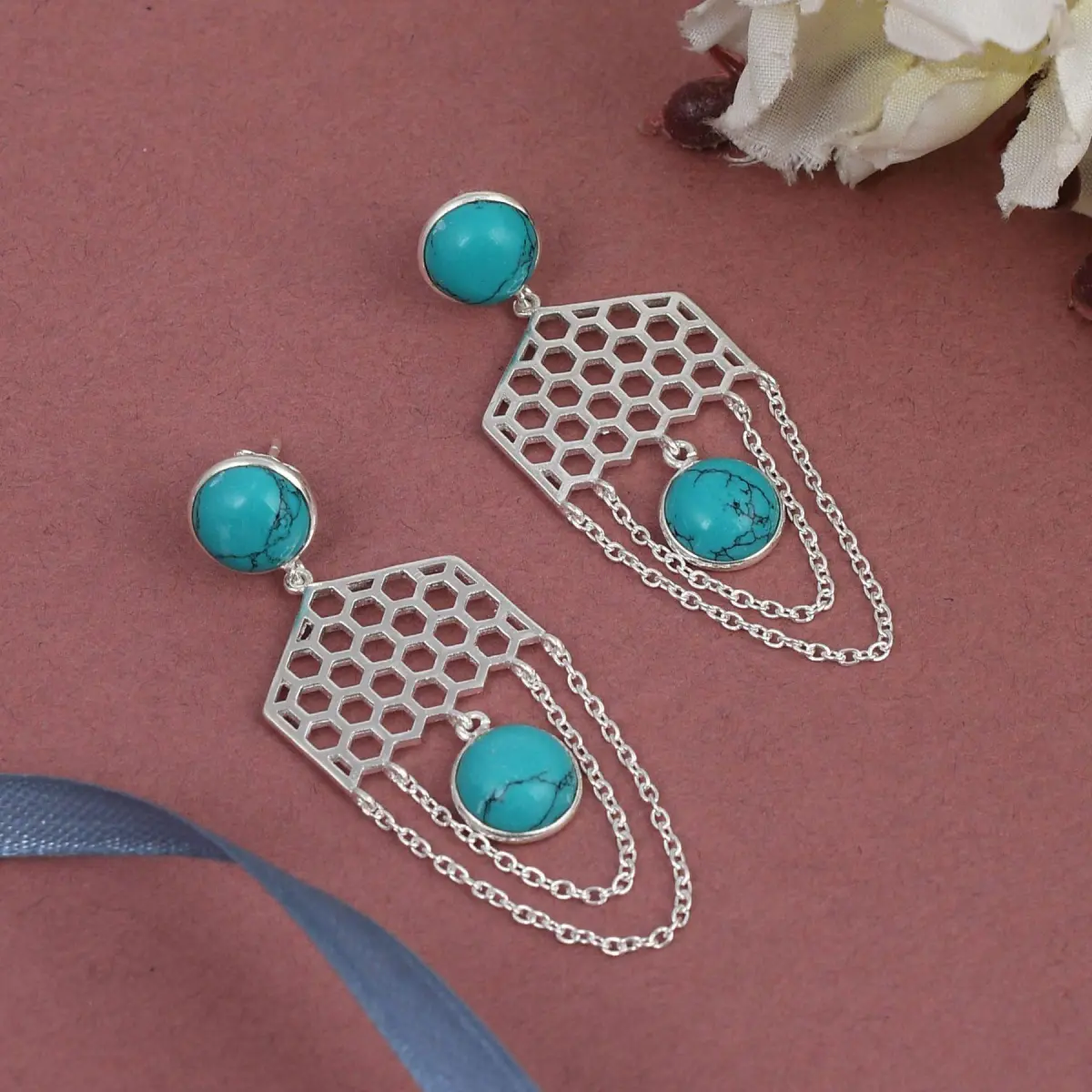 925 Sterling Silver Natural Turquoise Gemstone Dangler Drop Earrings