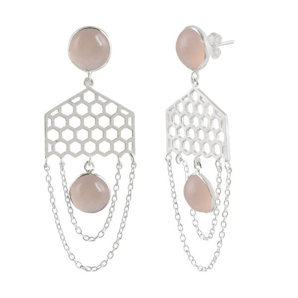 925 Sterling Silver Natural Pink chalcedony Gemstone Dangler Drop Earrings