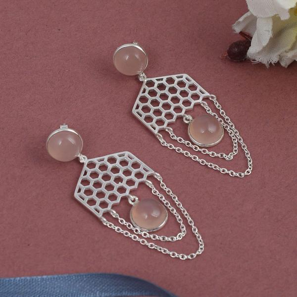 925 Sterling Silver Natural Pink chalcedony Gemstone Dangler Drop Earrings