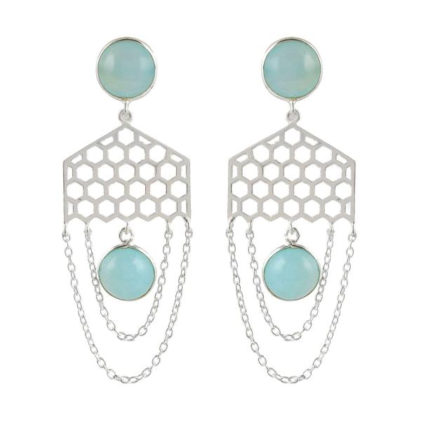 925 Sterling Silver Natural Aqua chalcedony Gemstone Dangler Drop Earrings