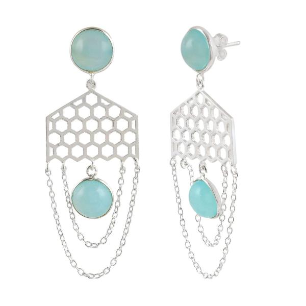 925 Sterling Silver Natural Aqua chalcedony Gemstone Dangler Drop Earrings