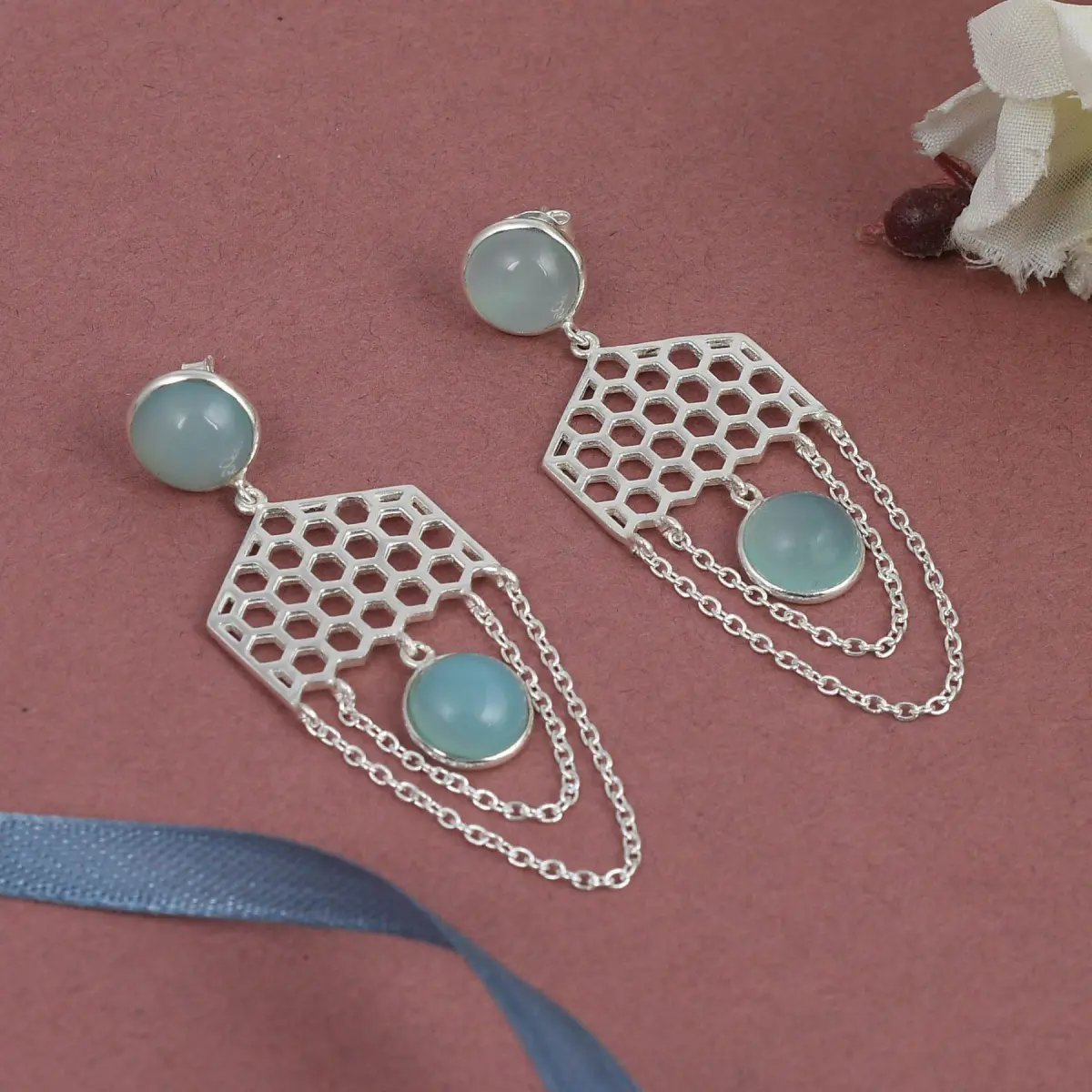 925 Sterling Silver Natural Aqua chalcedony Gemstone Dangler Drop Earrings