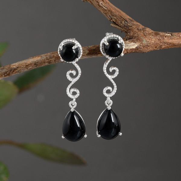 925 Sterling Silver Natural Black onyx Gemstone Dangler Drop Earrings