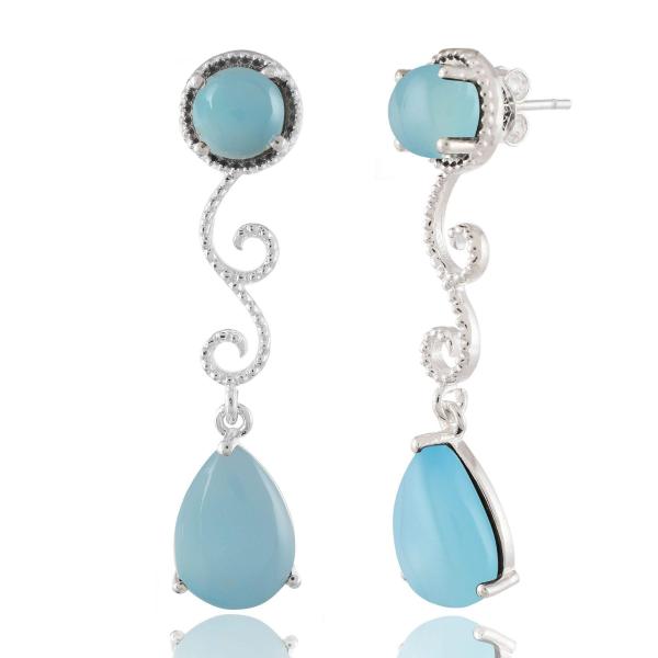 925 Sterling Silver Natural Aqua chalcedony Gemstone Dangler Drop Earrings