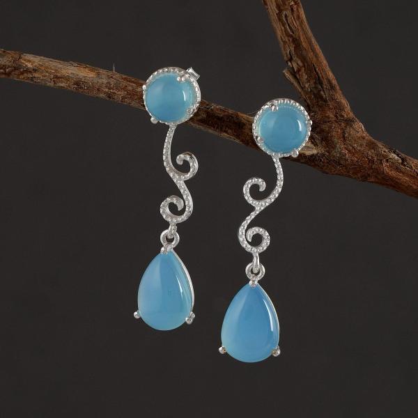 925 Sterling Silver Natural Aqua chalcedony Gemstone Dangler Drop Earrings