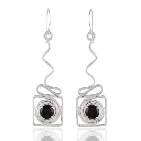 925 Sterling Silver Natural Black onyx Gemstone Dangler Drop Earrings