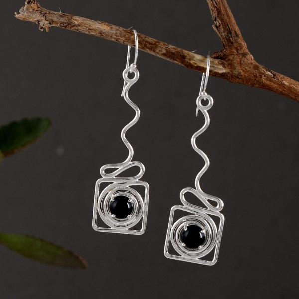 925 Sterling Silver Natural Black onyx Gemstone Dangler Drop Earrings