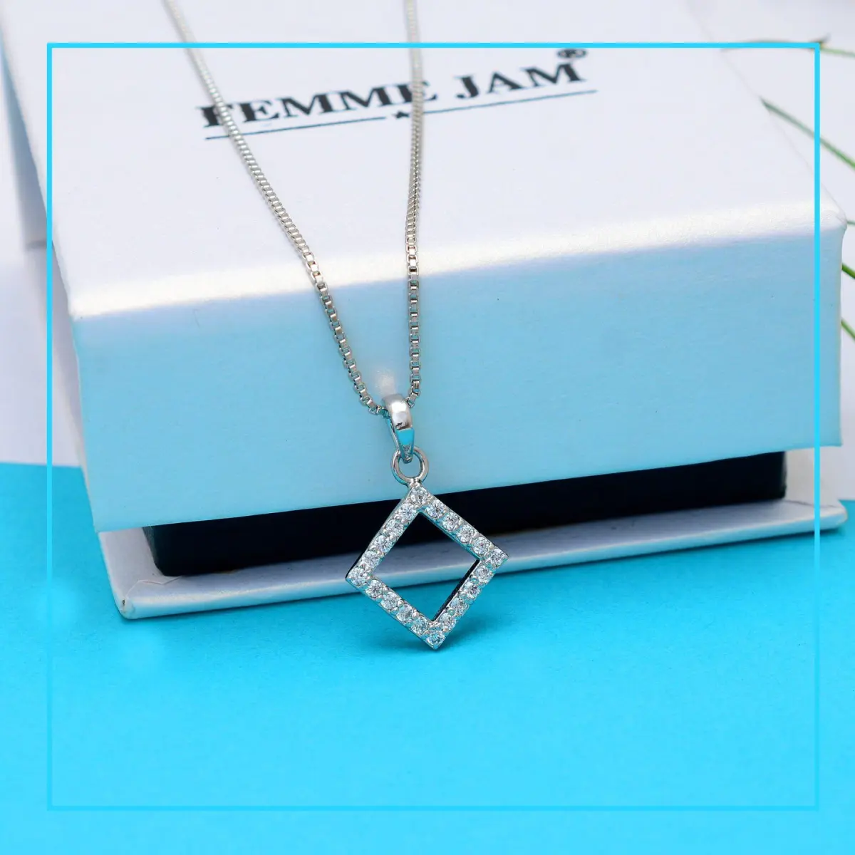 925 Sterling Silver Natural Square Gemstone Pendent with Chain for Women & Girls