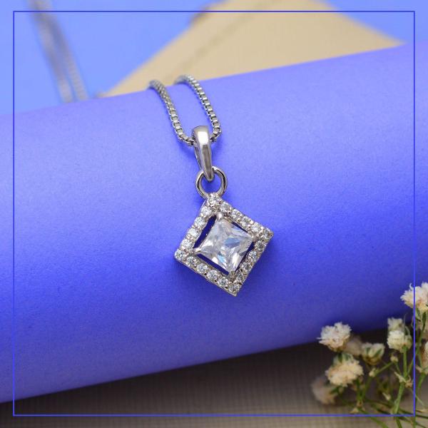 925 Sterling Silver Natural Square border Gemstone Pendent with Chain for Women & Girls