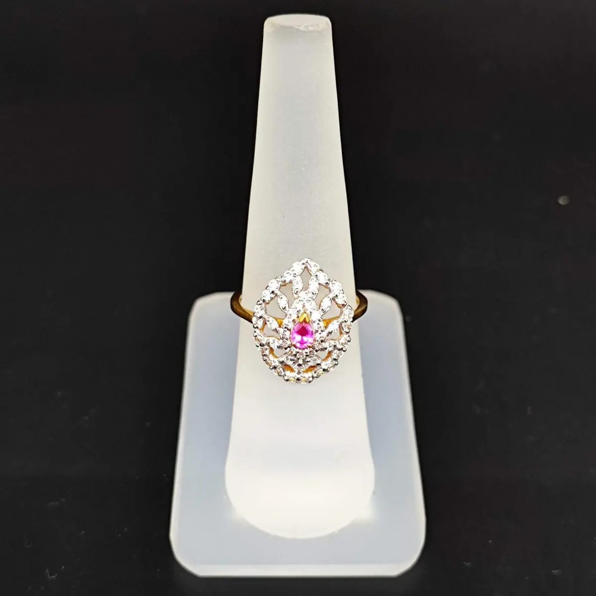 22 Karat Yellow Gold Leaf Statement Ring With Pink Stone