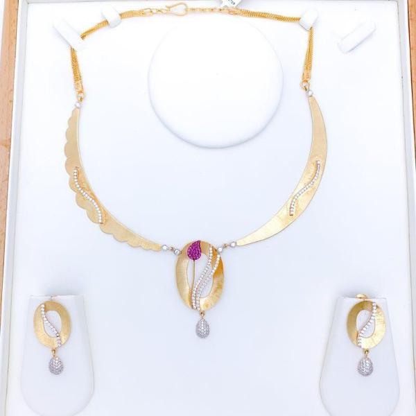 Pink CZ Leaf Adorned Necklace Set