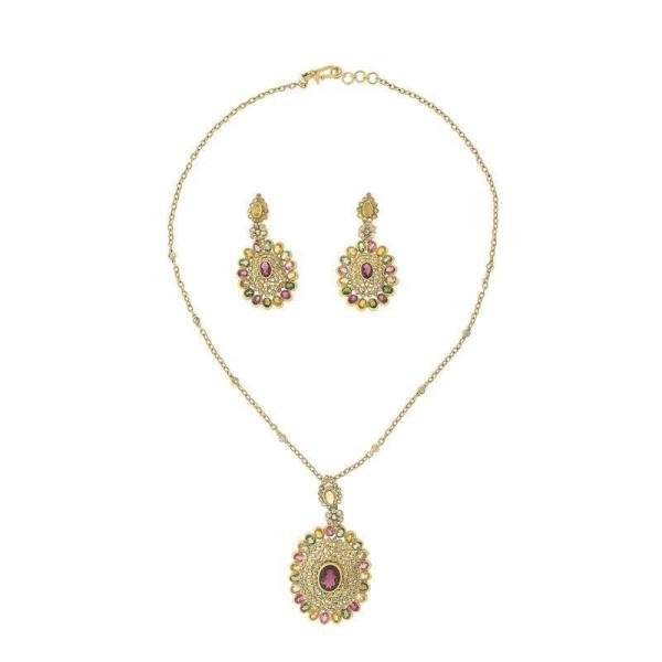 3 PIECE POLKI NECKLACE SET WITH PRECIOUS STONES