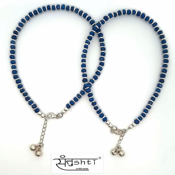 Blue Beaded Silver Anklet