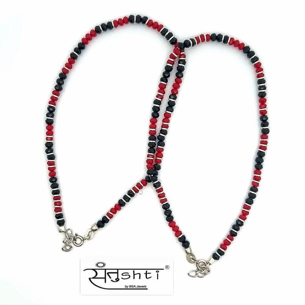 Red & Black Beaded Silver Anklet