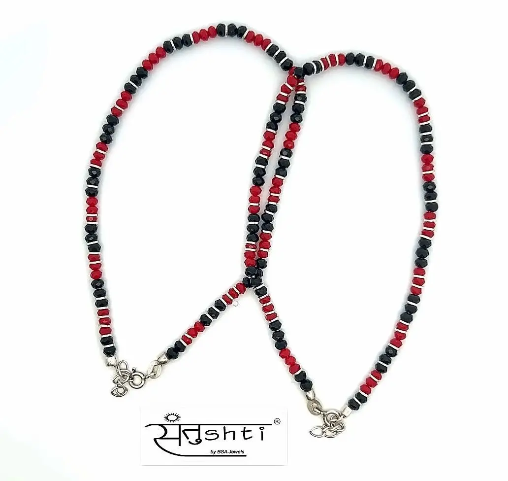 Red & Black Beaded Silver Anklet