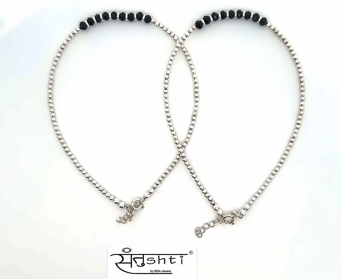 Silver Black Bead Minimal Anklet