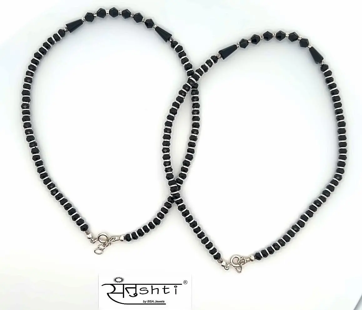 Black Beads Silver Anklet