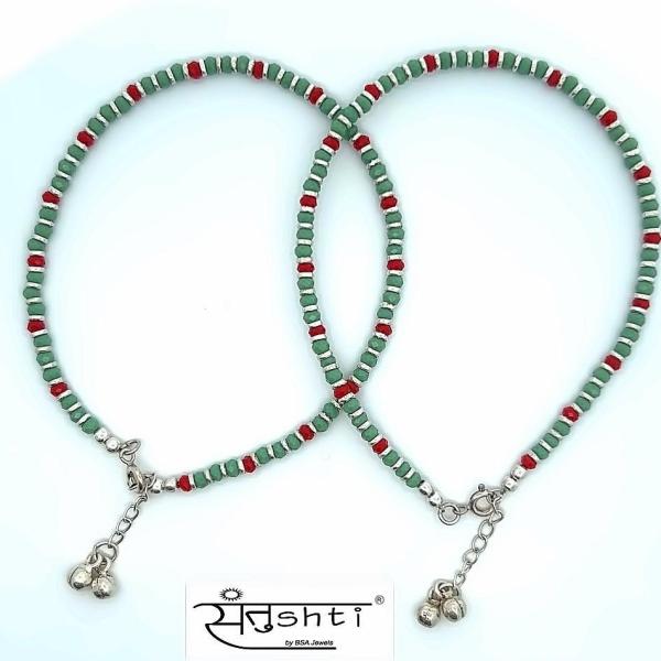 Green Beaded Silver Anklet