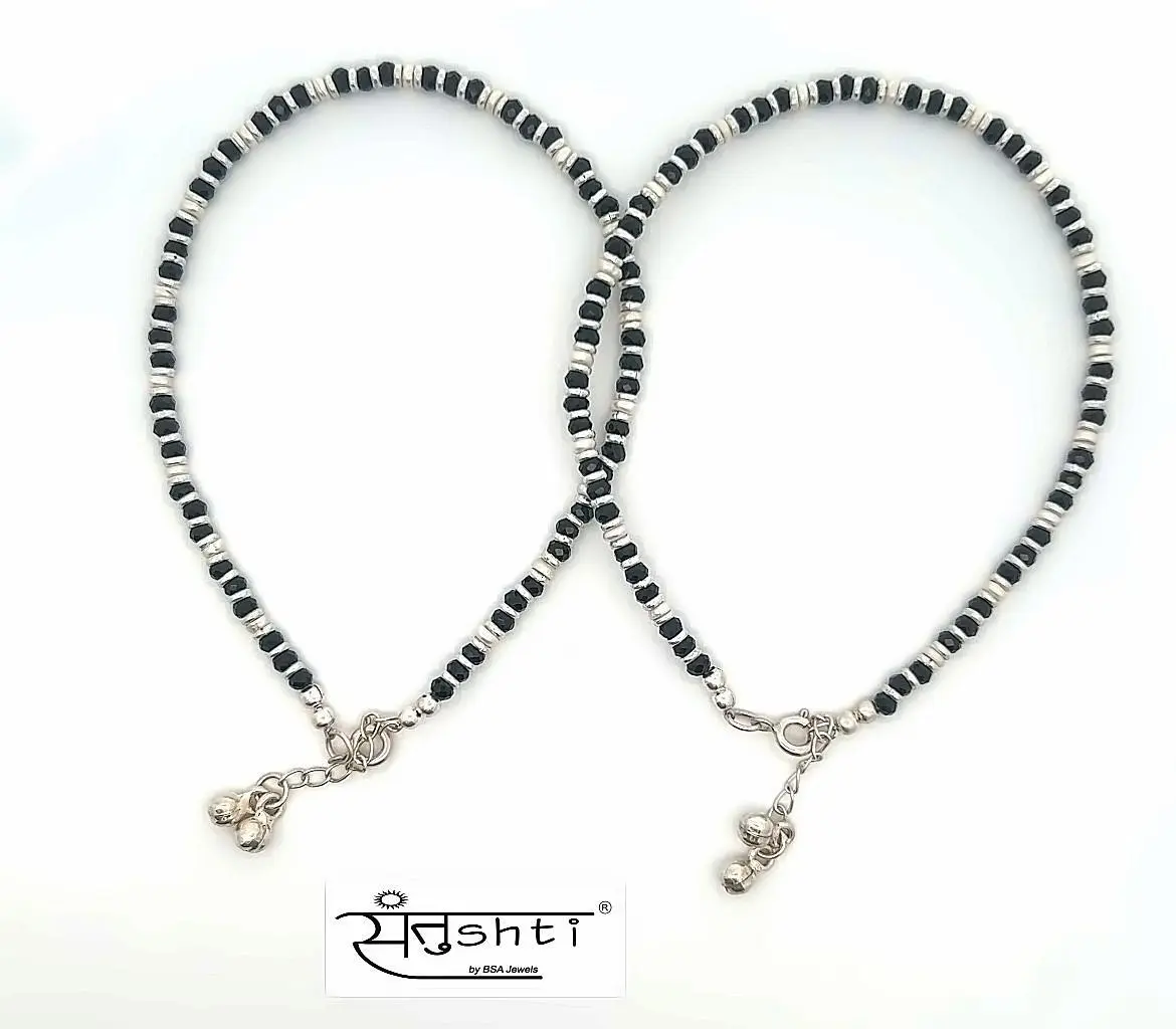 Black & White Beaded Silver Anklet