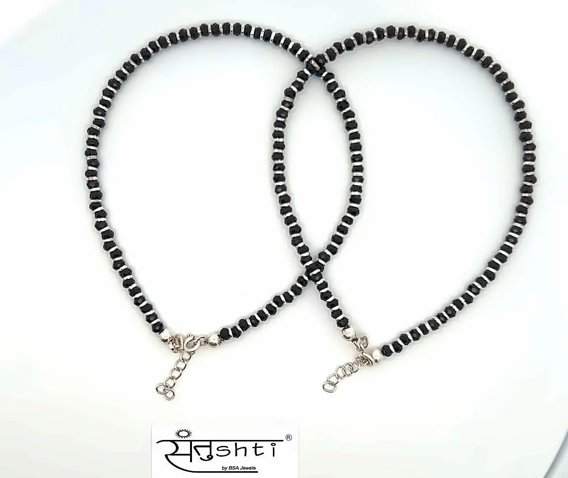 Black Beaded Silver Anklet