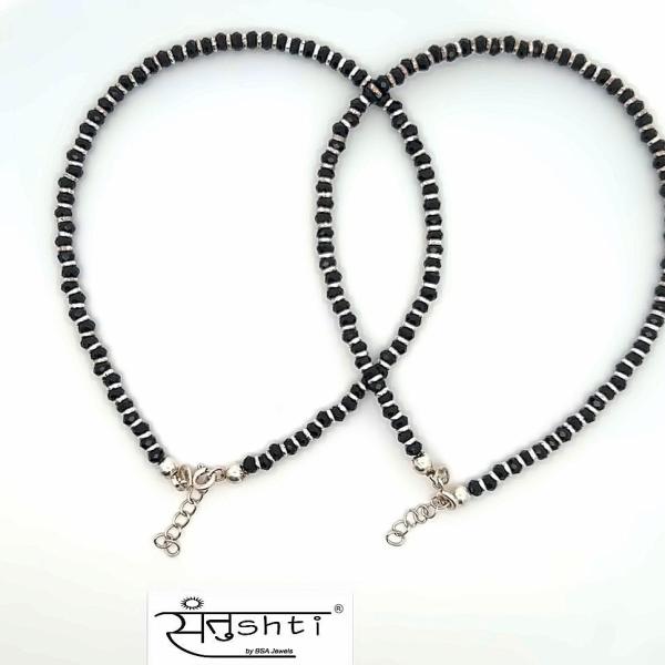 Black Beaded Silver Anklet