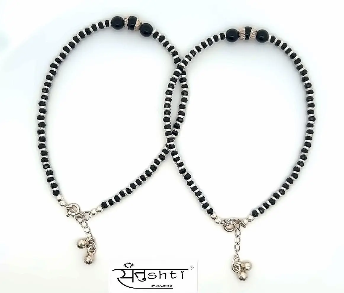 Silver Black Beaded Anklet