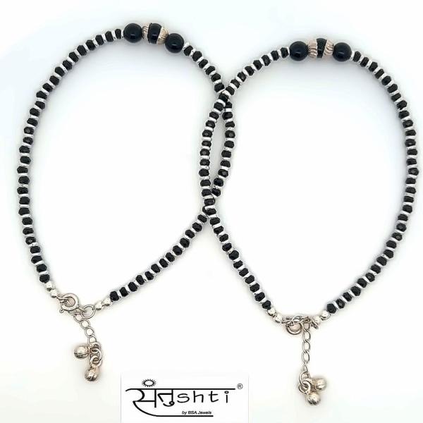 Silver Black Beaded Anklet