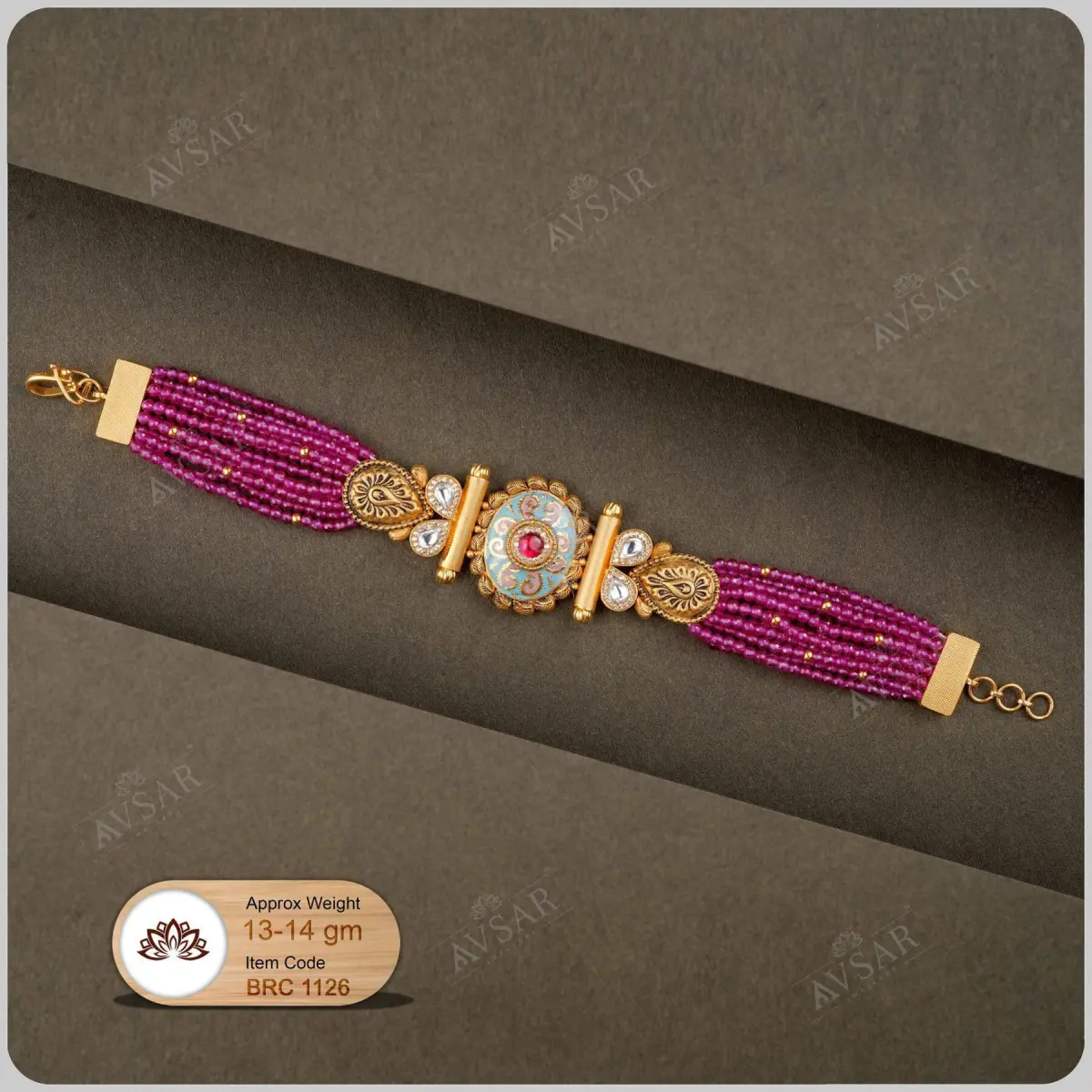 Gold Beautiful Meenakari Bracelet in Antique Design with Beads 