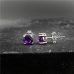 925 Sterling Silver Real Amethyst Gemstone Round Shape Stud Earrings