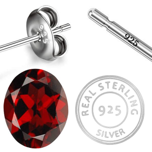 925 Sterling Silver Real Garnet Gemstone Oval Shape Stud Earrings