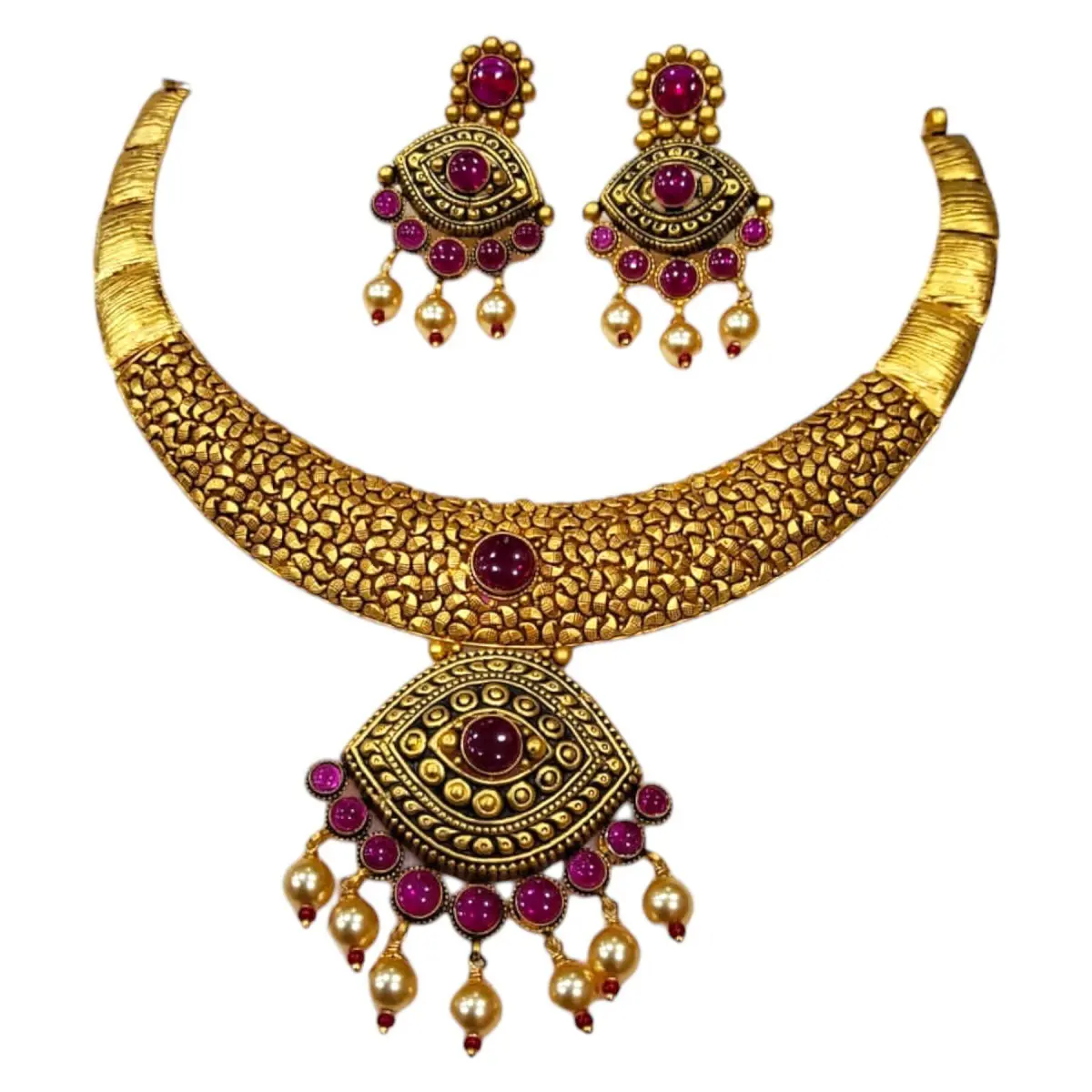 Gold Antique Necklace Set with Beautiful Design in Pink Kindan Stones & White Pearls