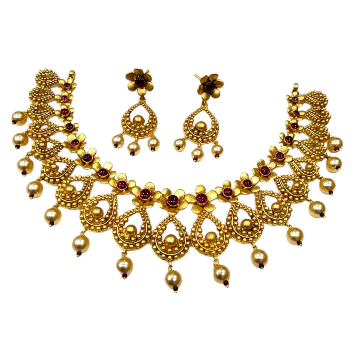 Gold Necklace Set in Drop Shape & Flowers Shape Design with Pearls 