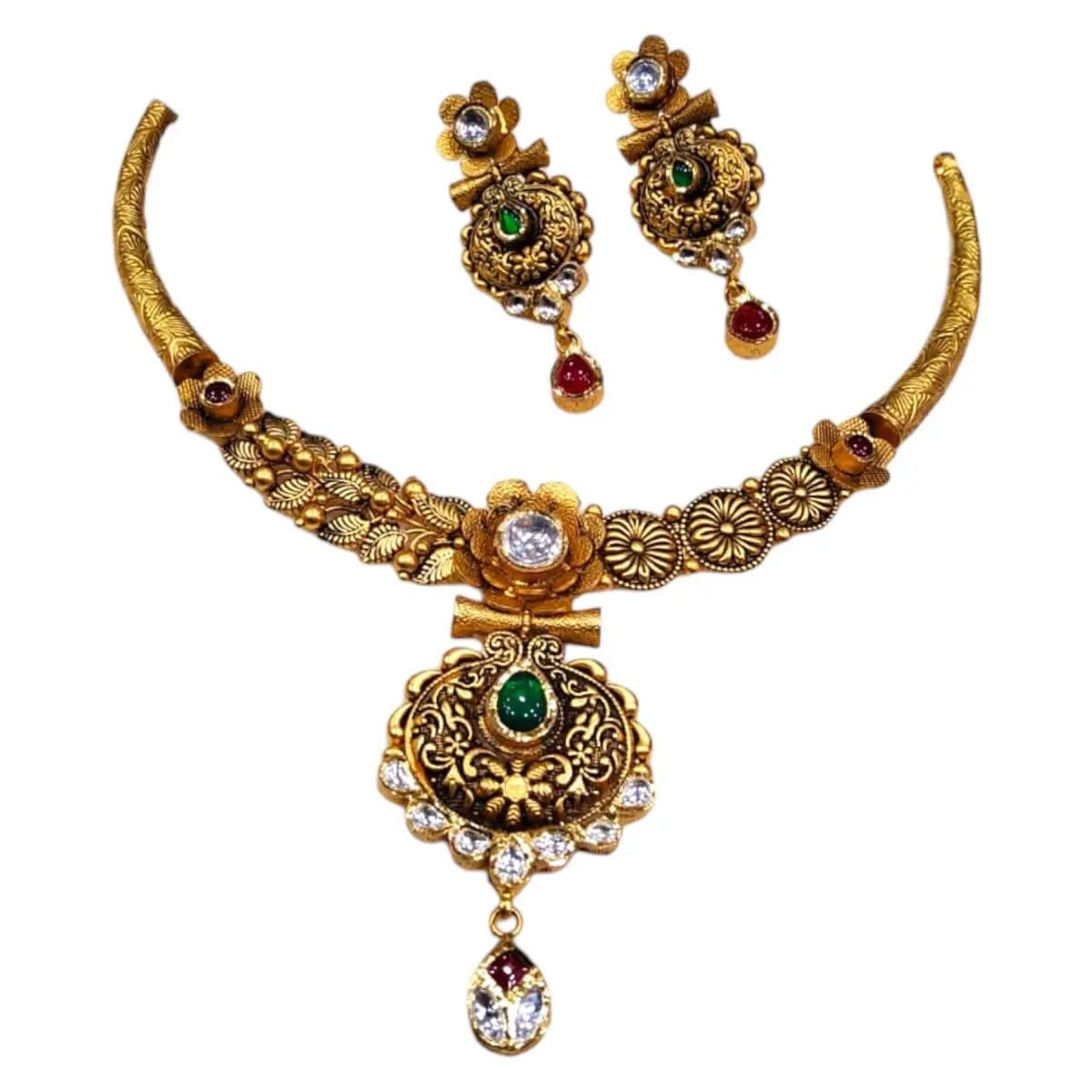 Beautiful Gold Antique Hasli Set with Kundan Stones in Flowers Design for Ladies