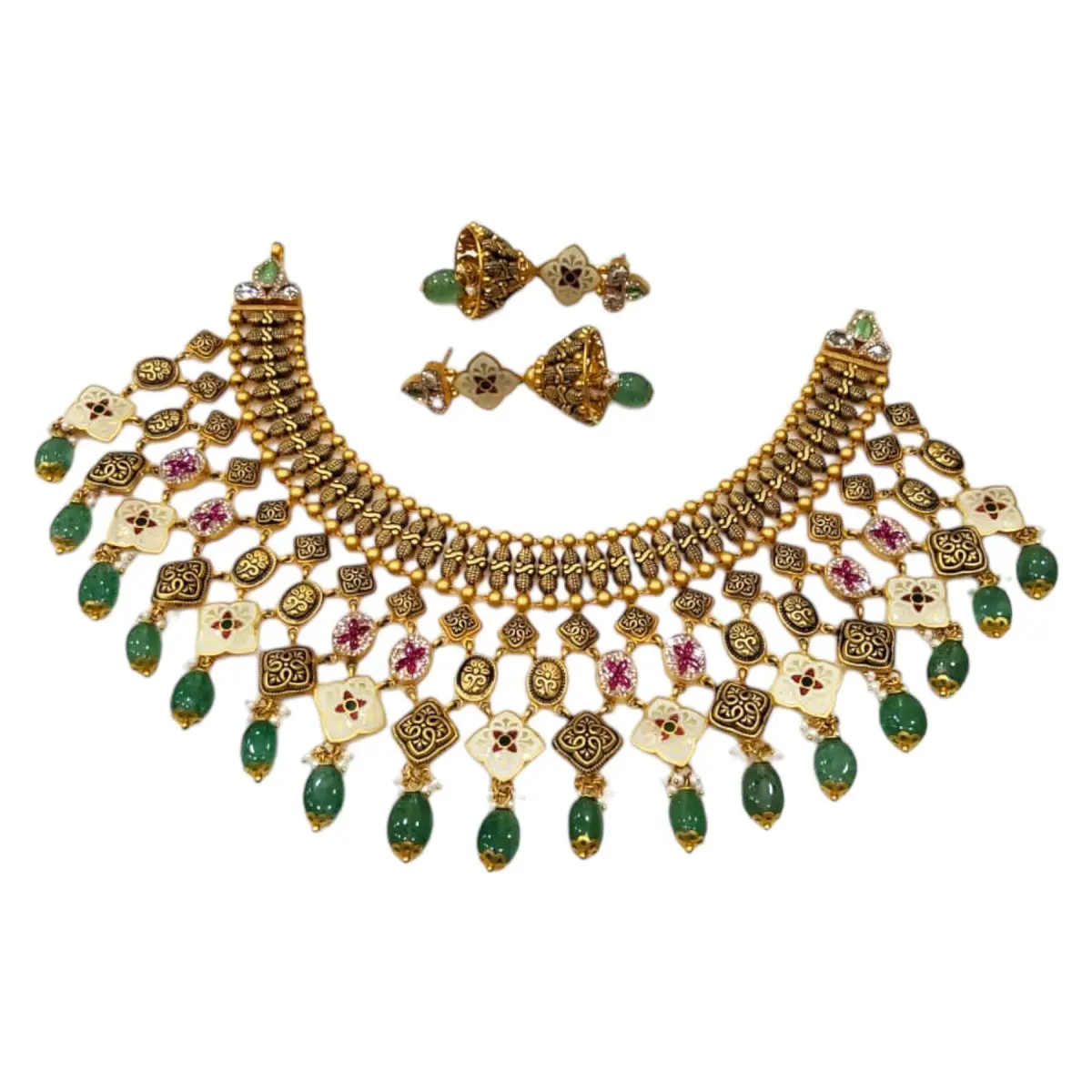 Gold Kundan Necklace set with Green Pearls and Elegant Design