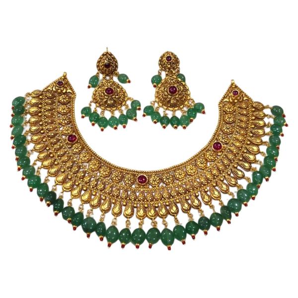 Amazing Traditional & Classy Kundan Necklace Set in Antique Design with Green Pearls & Earrings 