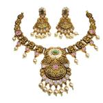 Beautiful Pink Kundan Necklace Set with Amazing Antique Design with Pearls & Earrings 