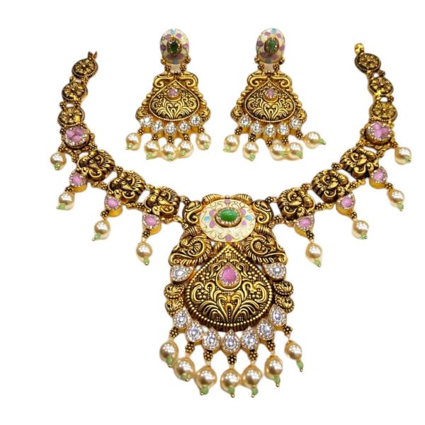 Beautiful Pink Kundan Necklace Set with Amazing Antique Design with Pearls & Earrings 