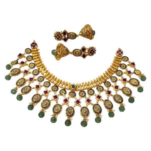 Gold Kundan Necklace set with Green Pearls and Elegant Design