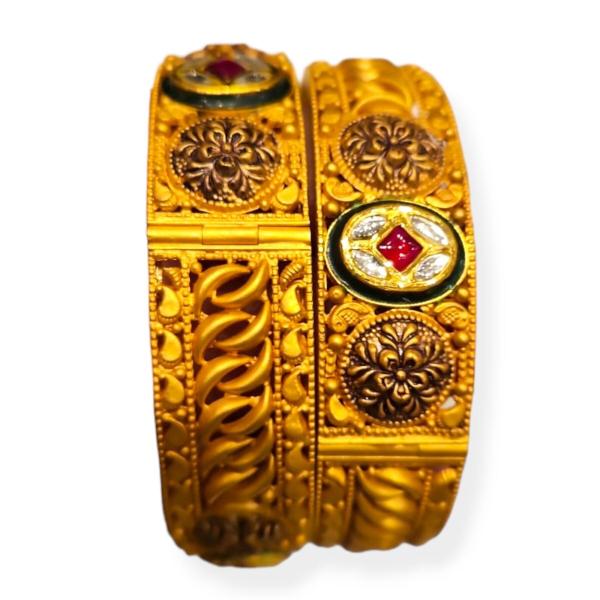 Gold Antique Kara Pair with Antique Design & Kundan Stones 