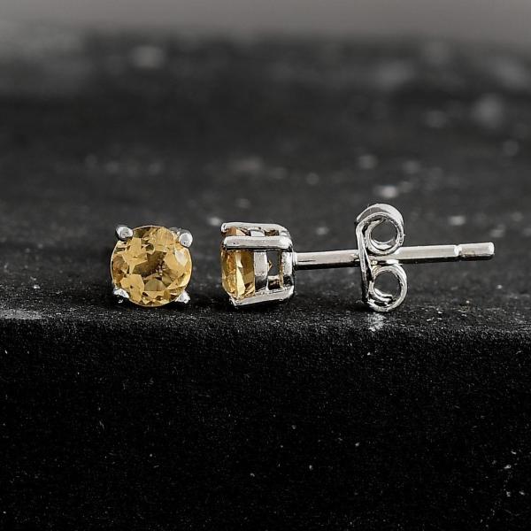 925 Sterling Silver Real Citrine Gemstone Round Shape Stud Earrings